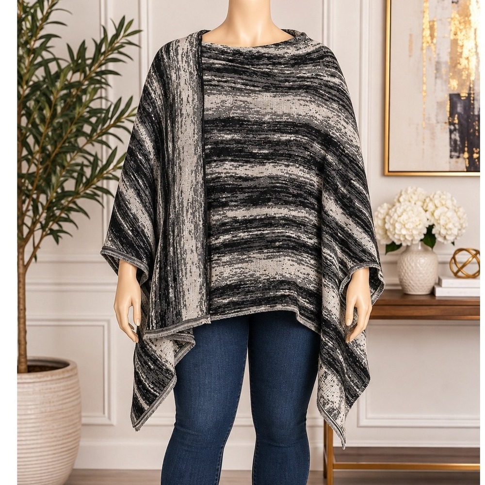 The Commons Womens Poncho Black Gray White Space Dye Striped One Size NWT